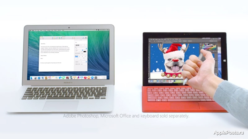 Microsoft в рекламе Surface Pro 3 указала на техническое несовершенство MacBook Air + видео