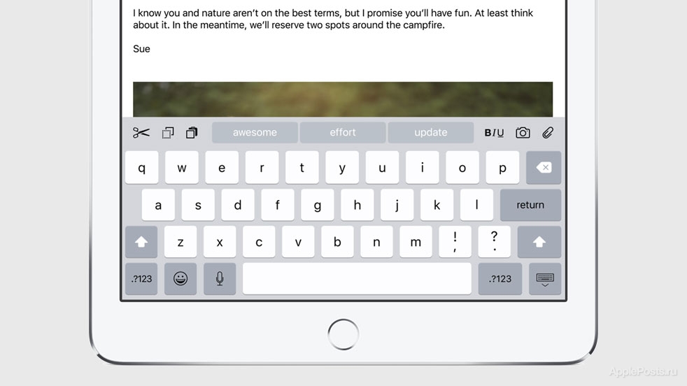 Клавиатура iOS 9 для iPad Pro скрывает дополнительный ряд клавиш и кнопки «Tab» и «Caps Lock»